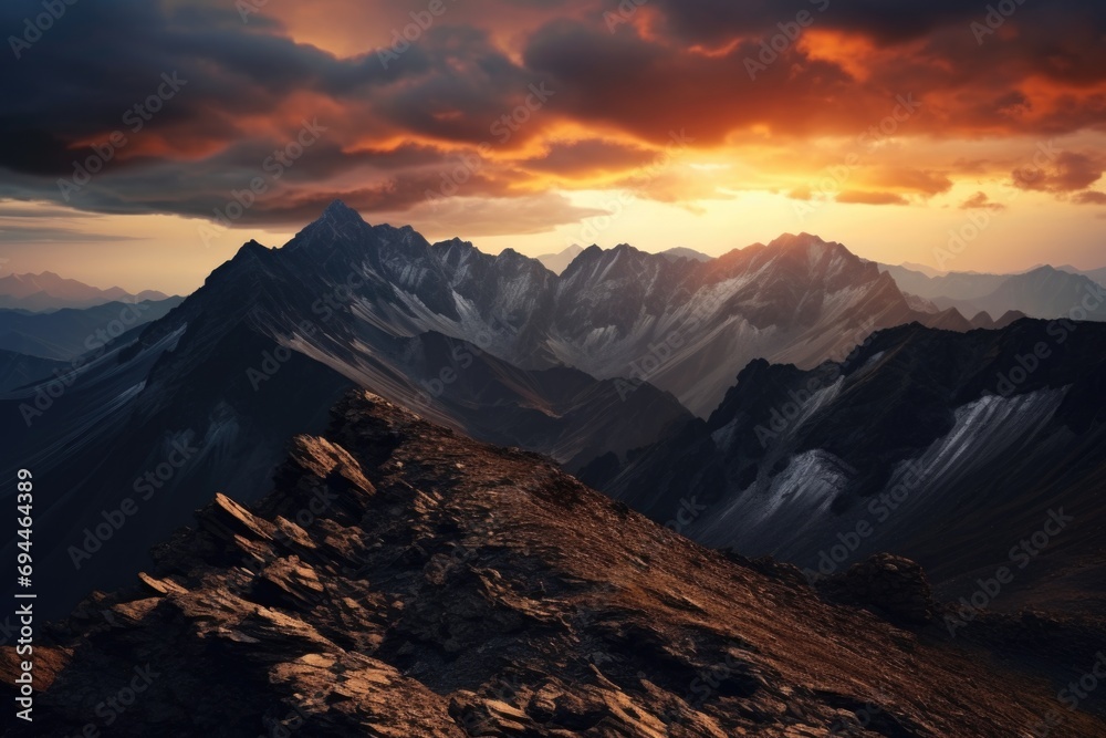 A beautiful sunset with the sun setting over a majestic mountain range. Perfect for nature and landscape enthusiasts.