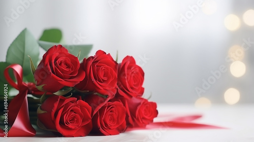 Bouquet of red roses with a white gift box with a red ribbon on wooden table with bokeh  closeup