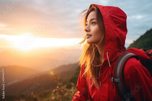 A woman wearing a red jacket and carrying a backpack. Suitable for travel, hiking, and outdoor lifestyle themes
