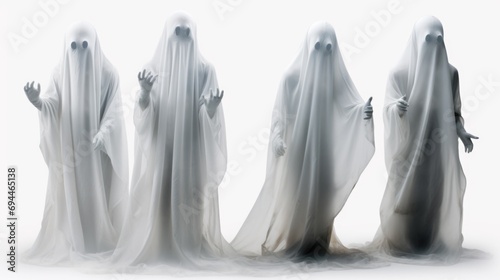 A chilling image of a group of ghostly figures standing in a line. Perfect for Halloween-themed projects or spooky designs photo