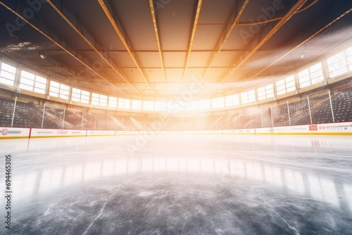 An empty hockey rink with a bright light shining through the window. Perfect for sports-related projects or illustrating the anticipation of a game about to start