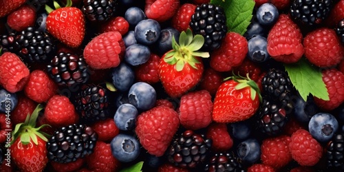 A close-up photograph of a bunch of raspberries and blueberries. Perfect for food and nutrition-related content