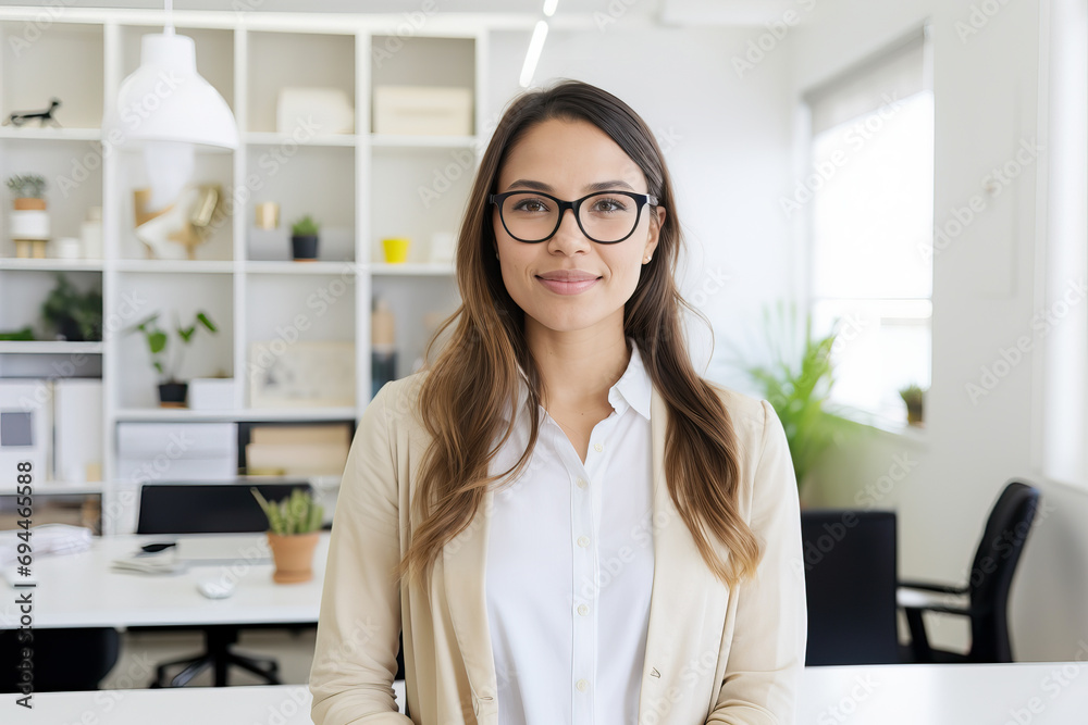 A Professional Woman in Glasses Standing in a Modern Office A Professional Woman in Glasses Standing in a Modern Office