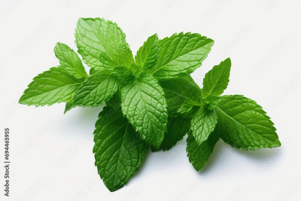A bunch of fresh mint leaves on a white surface. Perfect for adding a touch of freshness to food and beverages A bunch of fresh mint leaves on a white surface. Perfect for adding a touch of freshness to food and beverages