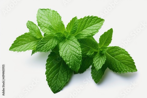 A bunch of fresh mint leaves on a white surface. Perfect for adding a touch of freshness to food and beverages