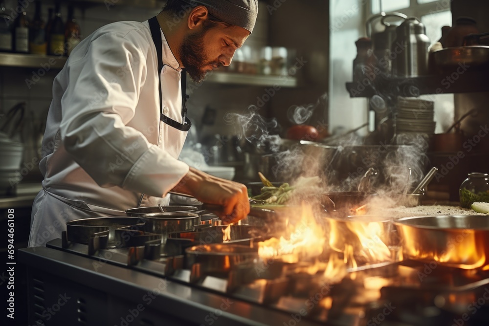 A man is cooking food on a stove in a kitchen. This image can be used to depict cooking, food preparation, or household activities A man is cooking food on a stove in a kitchen. This image can be used to depict cooking, food preparation, or household activities