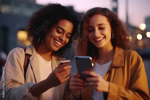 Two women are seen looking at a cell phone together. This image can be used to illustrate friendship, technology, communication, or social media photo