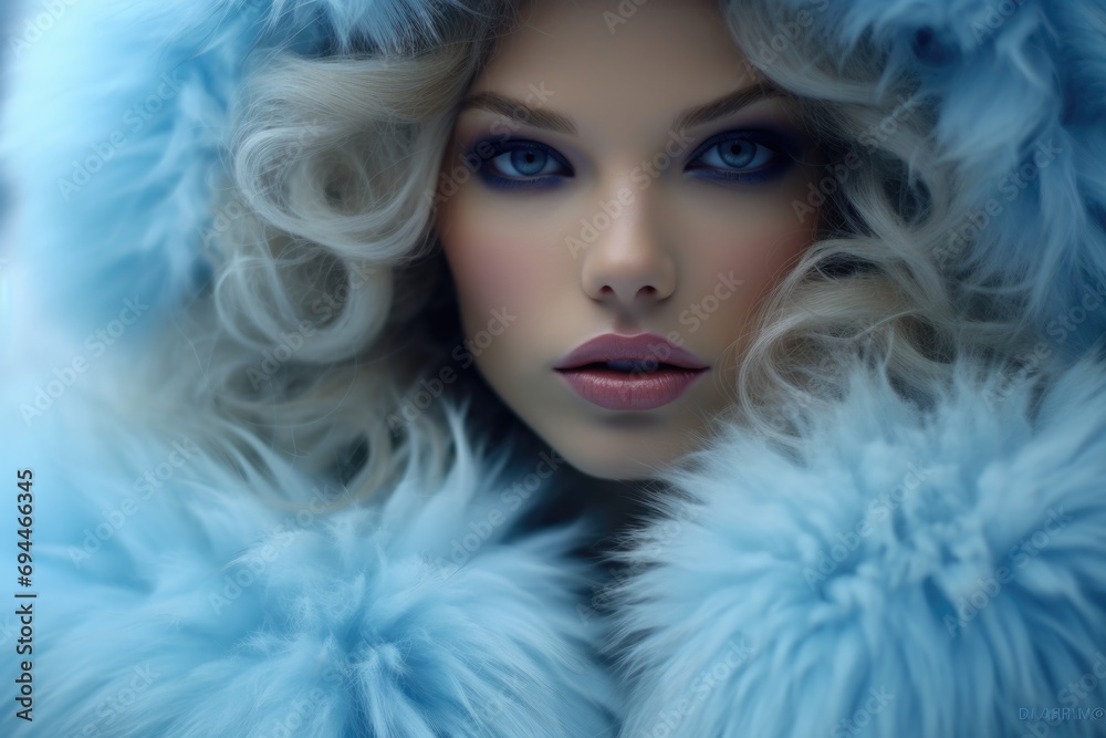 A woman wearing a luxurious fur coat, with striking blue eyes. This image can be used to depict elegance, fashion, beauty, or winter fashion trends A woman wearing a luxurious fur coat, with striking blue eyes. This image can be used to depict elegance, fashion, beauty, or winter fashion trends