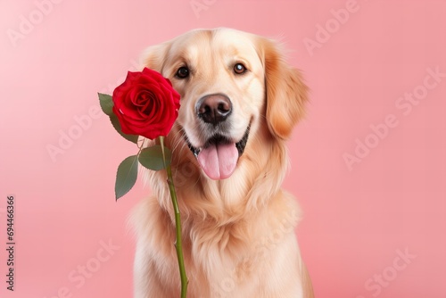 Valentines Day card with cute golden retriever dog with a beautiful red rose on a pastel pink background
