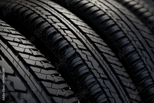 Four tires close up on a black surface. Suitable for automotive, transportation, or tire-related themes