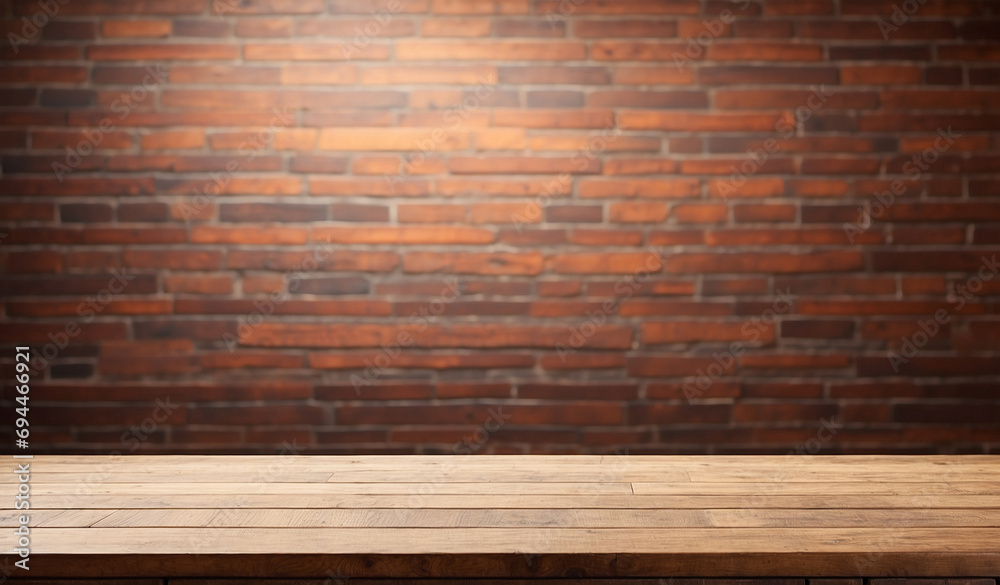 empty wooden table with blur wall brick background empty wooden table with blur wall brick background