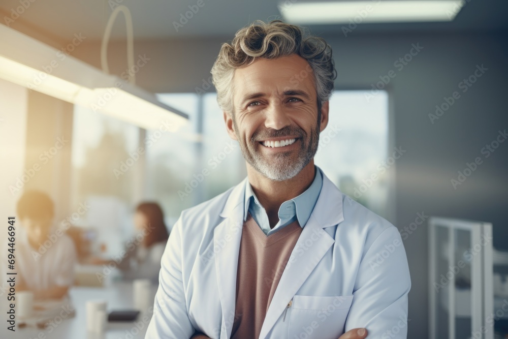 A man in a lab coat standing confidently with his arms crossed. Perfect for scientific and research-related projects A man in a lab coat standing confidently with his arms crossed. Perfect for scientific and research-related projects