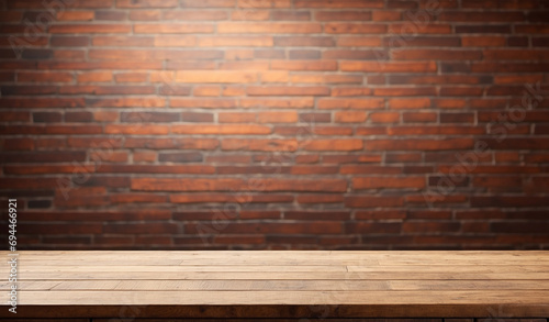 empty wooden table with blur wall brick background
