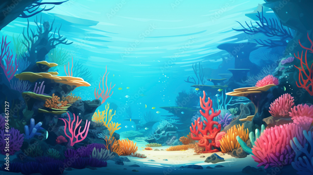 underwater coral reef and fish, ocean landscape, aquatic nature 