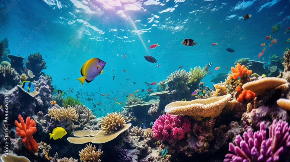 underwater coral reef and fish, ocean landscape, aquatic nature 