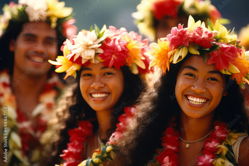 Tropical Elegance: Samoan Group with Florals - obrazy, fototapety, plakaty 