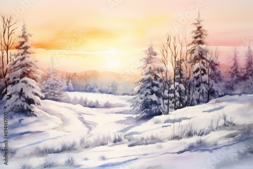 A serene painting depicting a snowy landscape with towering trees. Perfect for winter-themed designs and nature-inspired projects © Fotograf