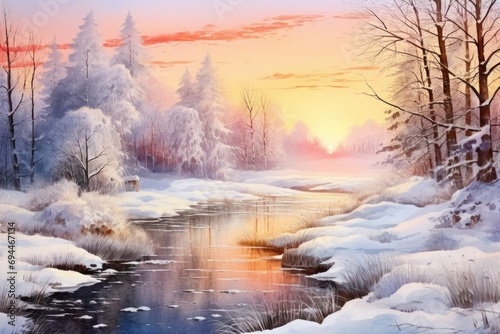 A beautiful painting capturing a serene winter scene with a flowing stream. Perfect for adding a touch of tranquility to any space