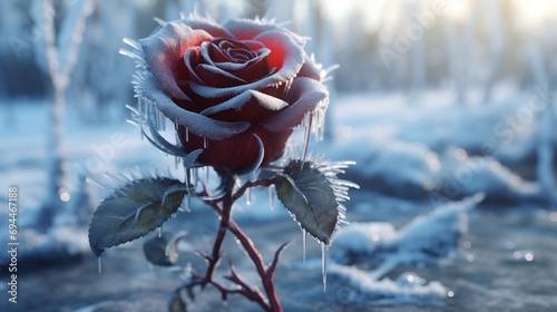 Amidst Glacier City s icy expanse  a heart-shaped rose blooms  its crimson petals contrasting against the frost  a symbol of enduring love flourishing even in the most unexpected and icy landscapes