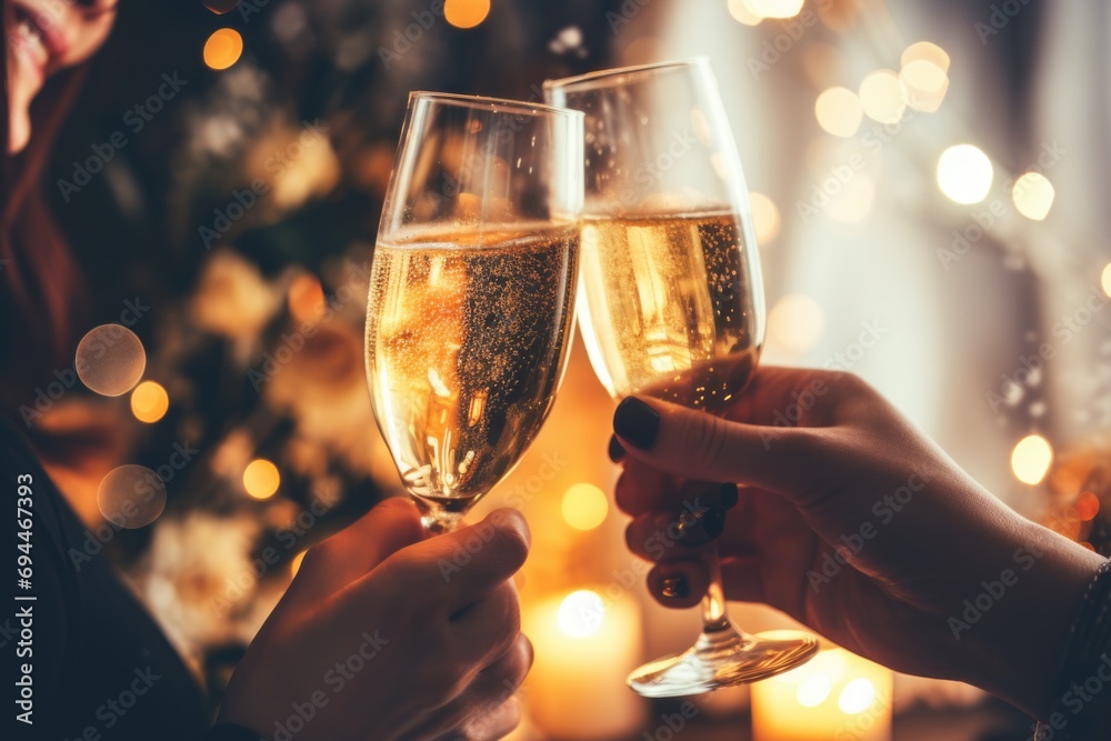 Two people holding glasses of champagne in front of a Christmas tree. Perfect for holiday celebrations and toasting to the new year