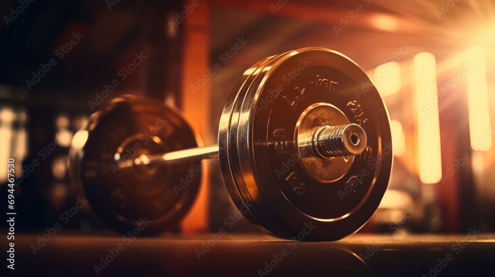 A close up view of a barbell in a gym. This image can be used to represent strength, fitness, weightlifting, and exercise equipment