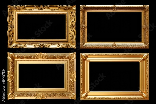Four elegant gold picture frames displayed on a sleek black background. Perfect for showcasing your favorite photographs or artwork. Ideal for home decor, galleries, or graphic design projects