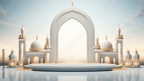 3d render podium islamic ramadan kareem eid mubarak background banner template