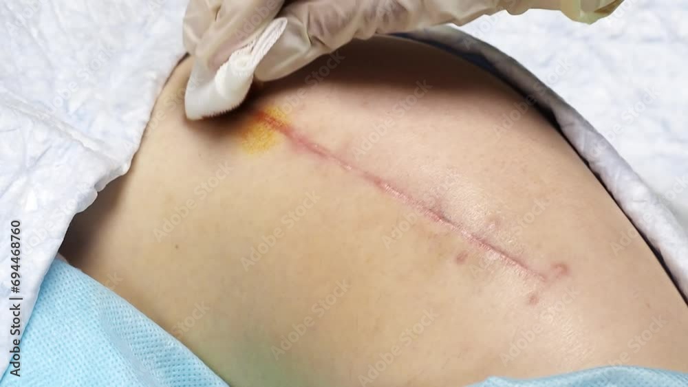 Top view of a suture on the thigh of a lying man, what the suture looks like 2 months after a total hip replacement, close up. Treating the seam with a special product - liquid with iodine