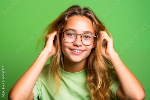 Happy teenage girl trying on new glasses
