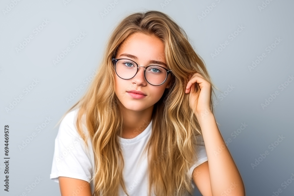 Embarrassed teenage girl, hand in hair, blonde with glasses.