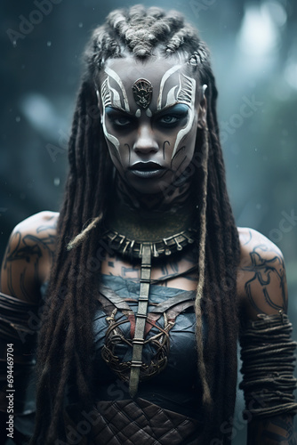 The black woman with the white makeup in a viking costume, in the style of dark teal and dark gray, eve ventrue, cinematic sets, burned/charred, animated film pioneer, junglepunk, traincore photo