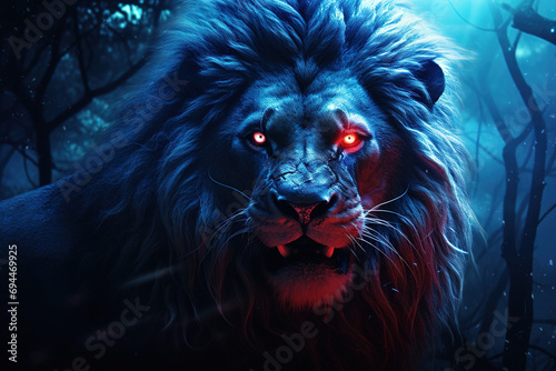 Portrait of an angry blue lion with red eyes in the rainforest looking towards. AI generated.