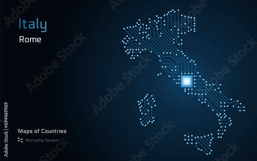 Italy Map with a capital of Rome Shown in a Microchip Pattern with processor. E-government. World Countries vector maps. Microchip Series 