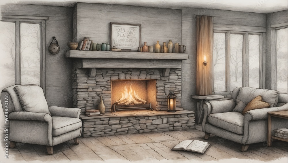 Fototapeta premium fireplace, sketch illustration