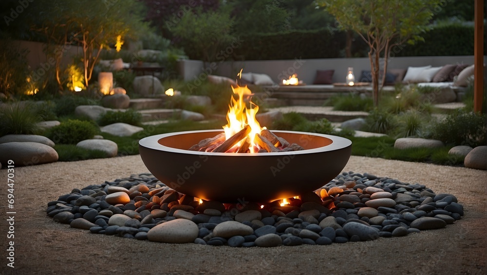 a fire pit on the luxury patio in the backyard - obrazy, fototapety, plakaty 