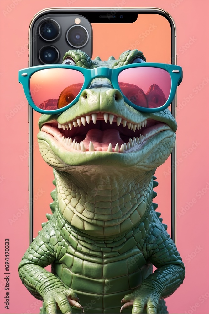 crocodile cartoon illustration with sunglasses, taking selfie on a pastel purple background, very funny illustration, commercial advertisement, award winning pet magazine cover crocodile cartoon illustration with sunglasses, taking selfie on a pastel purple background, very funny illustration, commercial advertisement, award winning pet magazine cover