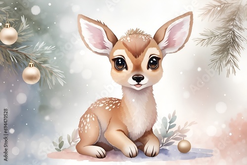 adorable, cute, funny, soft wild baby roe deer in watercolor with big eyes