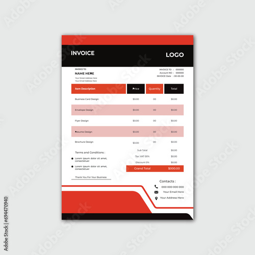 Invoice template design, invoicing quotes, money bills, price invoices, payment agreement design, business invoice, clean and minimal business modern invoice template vector design