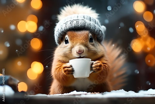funny squirrel with hot chocolate cup, AI generated photo