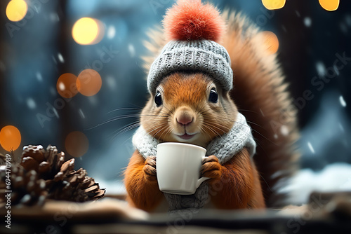 cute squirrel with hot chocolate cup, AI generated photo