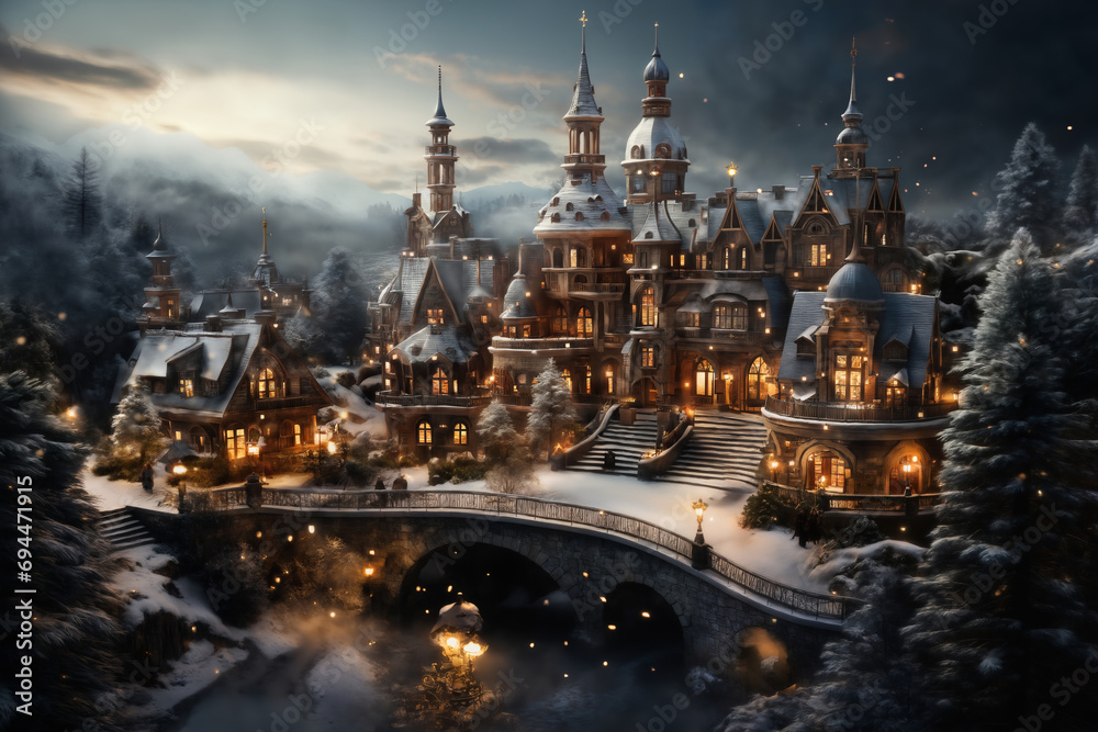 Obraz premium village street in winter season decorated for Christmas or New Year holiday, beautiful view of exteriors of houses , snow, sunset, street lights, festive environment