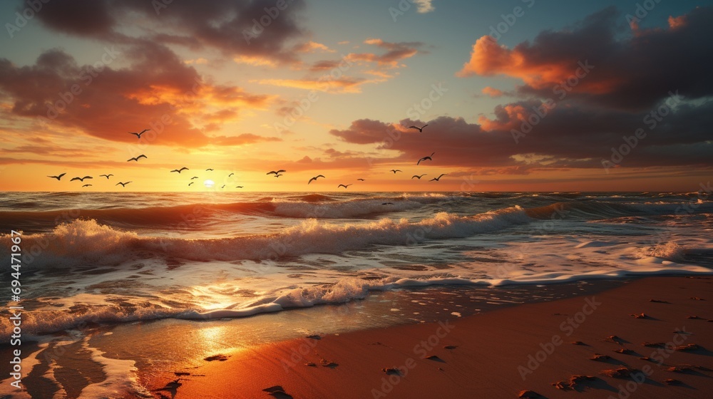 A stunning sunset paints the sky in rich shades of crimson and gold above a serene beach. The tranquil waves gently kiss the shore while seagulls soar overhead against the backdrop of the setting sun.