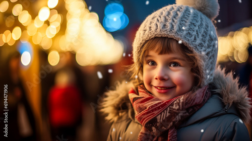 A child's wonder-filled face illuminated by the glow of a Christmas market light display, with snowflakes falling gently.
