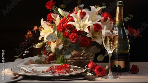 A sumptuous bouquet of deep red flowers rests elegantly on a table alongside a glistening bottle of champagne  radiating romance and celebration  their vibrant colors capturing