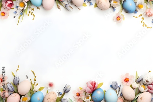 Border with Happy Easter spring flowers eggs and colorful quail eggs dark blue and pastel colors over white background, Springtime and Easter holiday concept with copy space