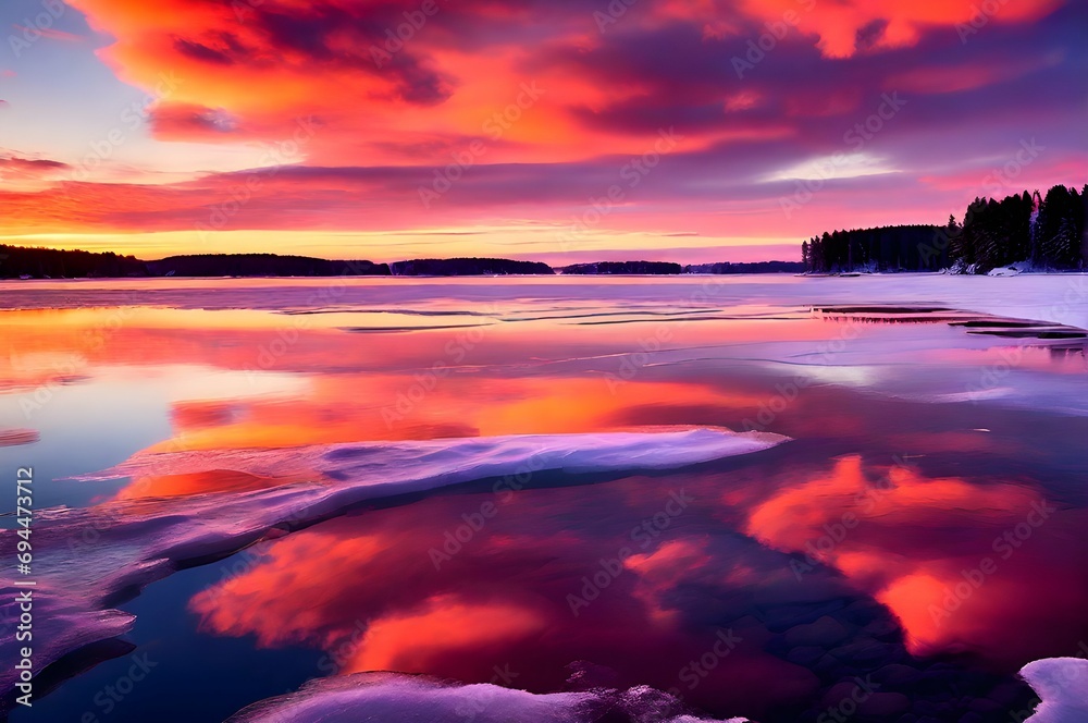 A frozen lake reflecting the vibrant hues of a sunset.
