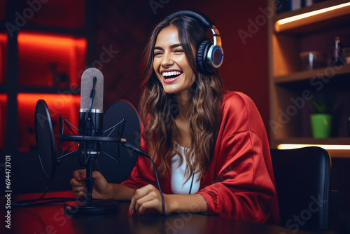 Young woman recording a podcast in studio and having fun photo