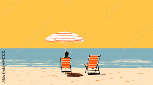 Serenidad Bañada por el Sol: Felicidad en la Playa con Silla y Sombrilla
 photo