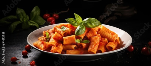 Homemade vodka rigatoni pasta, healthy with cheese and basil. photo