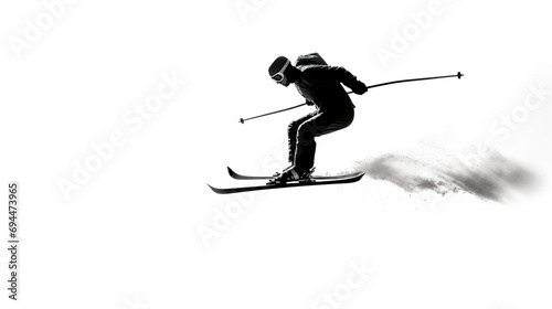 Silhouette of a skier in mid-jump against a stark white background